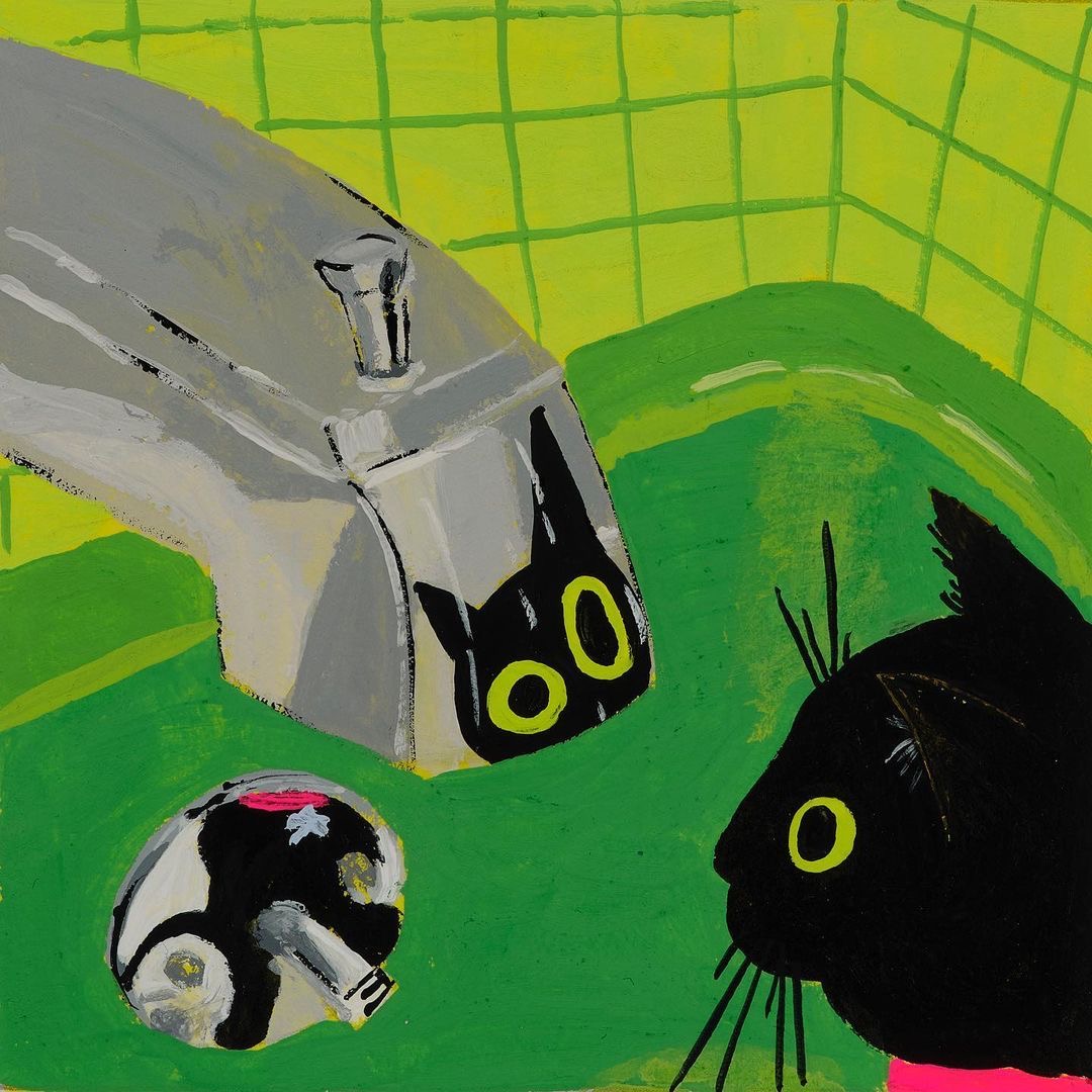 Painting of black cat looking at sink faucet in green bathroom