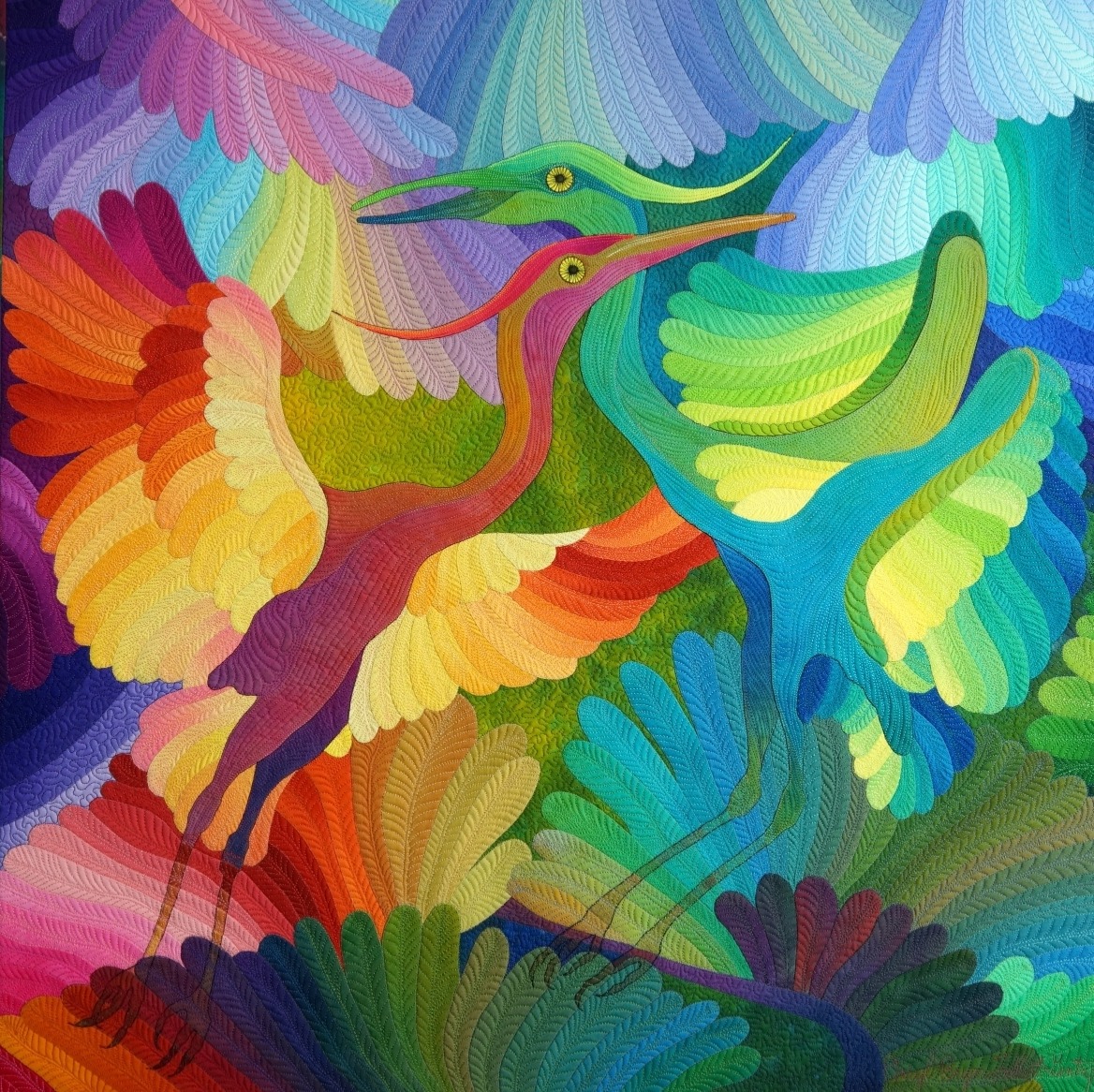 Colorful quilted art with hummingbirds and rainbow gradient wings in flowing abstract patterns