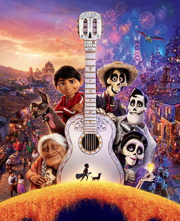 Animated poster with boy, guitar, and skeleton characters in colorful celebration scene