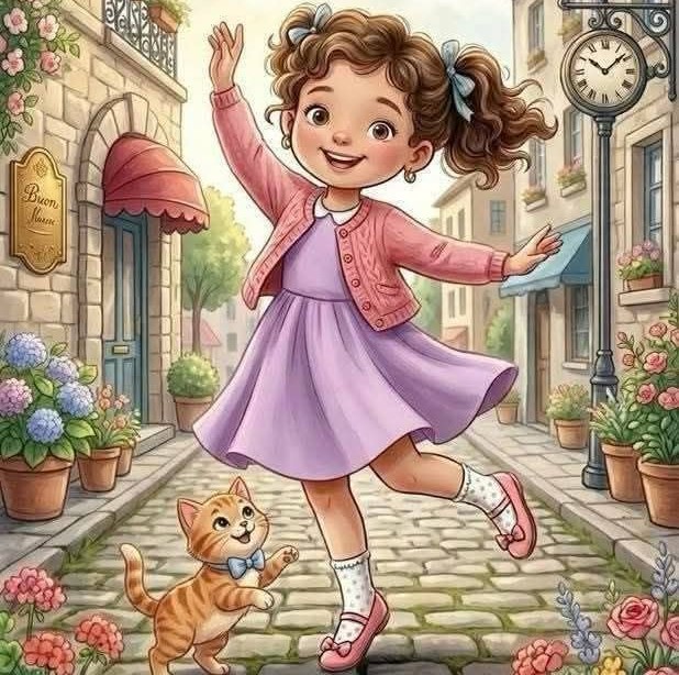 Animated girl in purple dress dancing on street with orange cat and flowers