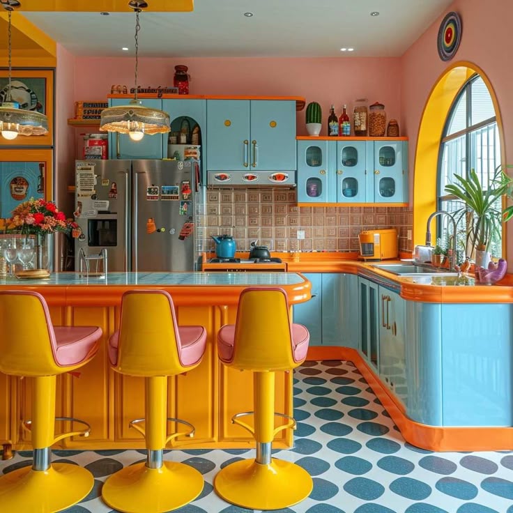 Bright colorful kitchen with blue cabinets, yellow stools, orange counters, and patterned floor