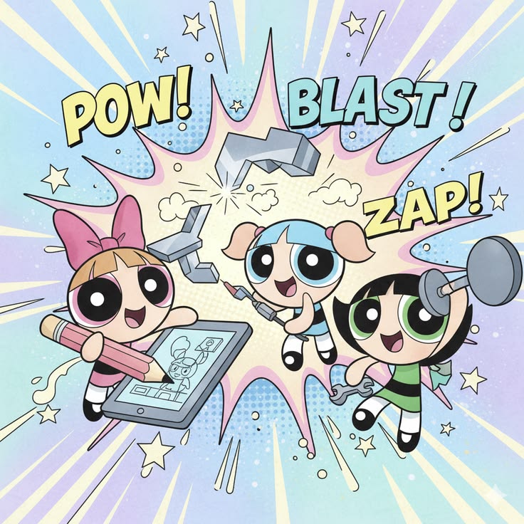 The Powerpuff Girls flying in a comic burst with POW, BLAST, and ZAP words