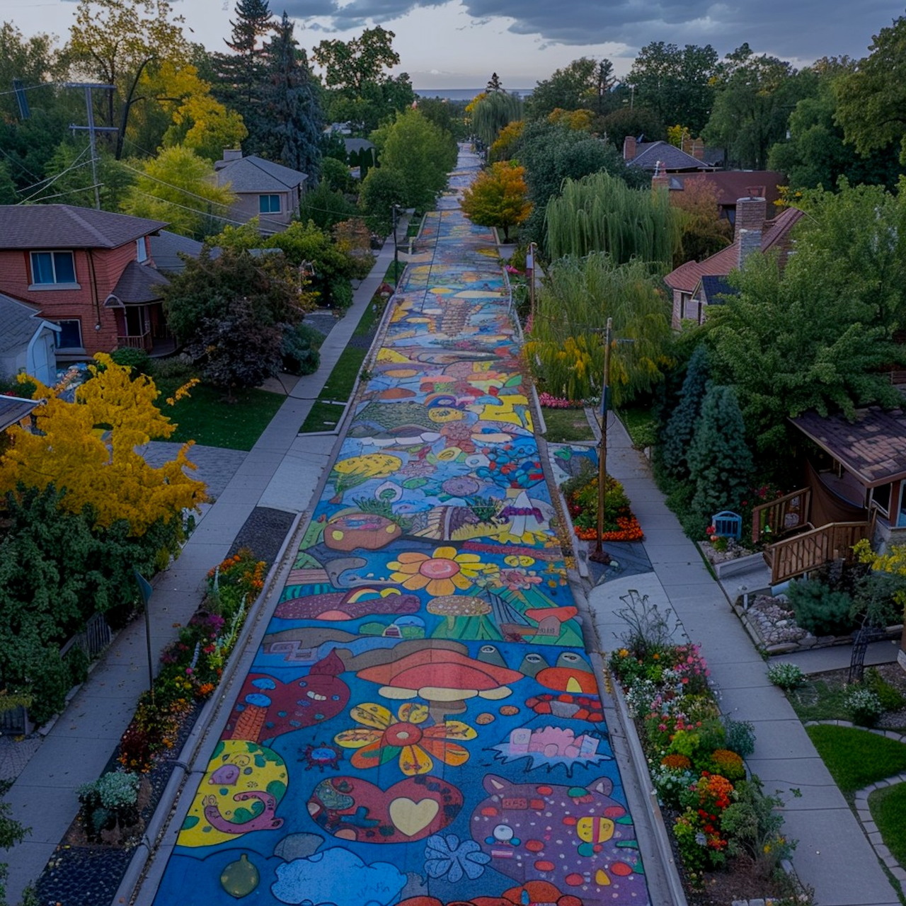 Aerial view of a residential street painted with a colorful mural of flowers, hearts, and abstract patterns
