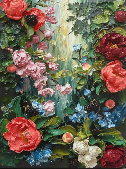 Floral painting with colorful blossoms and dense green leaves