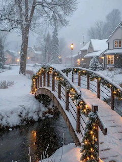Snowy wooden bridge with Christmas lights over stream in winter village