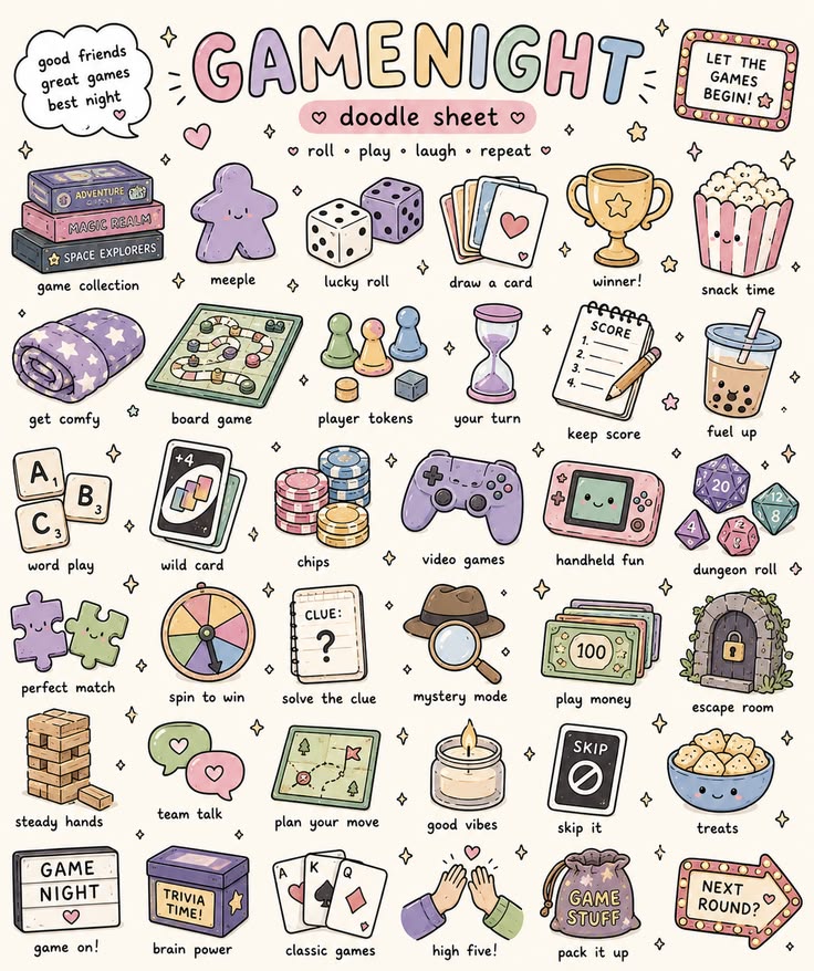 Cute doodle sheet with game night themed items including board games, dice, cards, puzzles and snacks