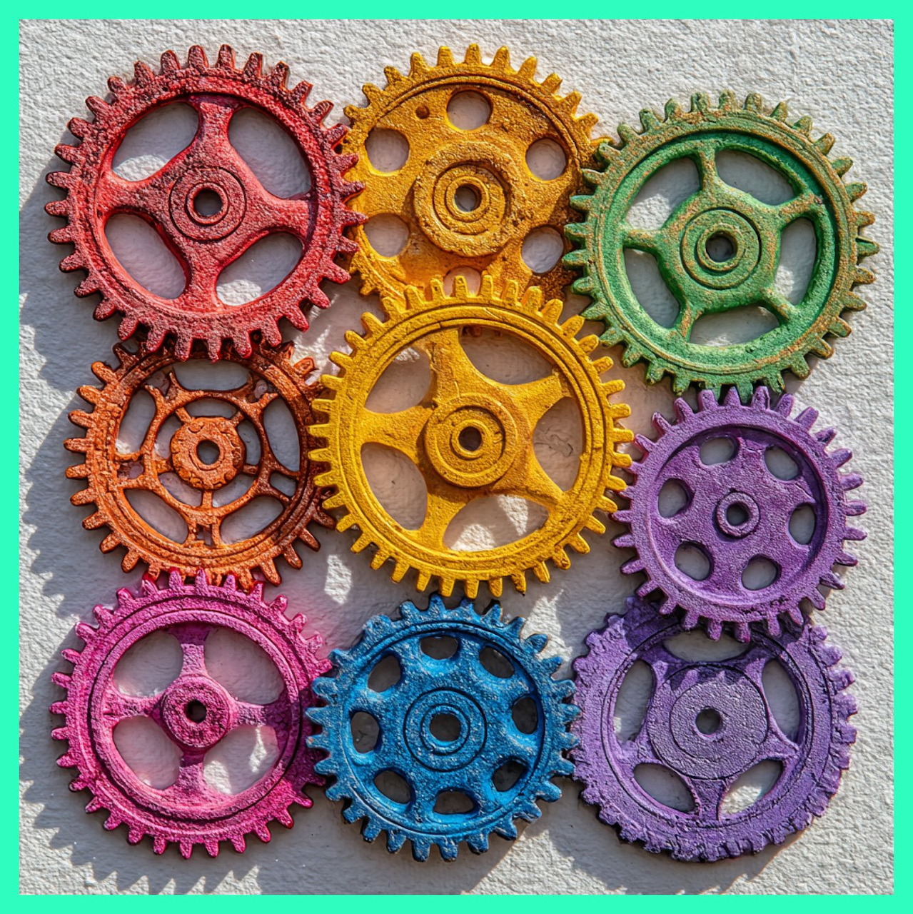 Nine colorful steampunk-style metal gears arranged in a grid, each with different vibrant colors and ornate spoke designs