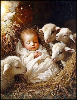 Painting of baby Jesus in white swaddling cloth lying in straw surrounded by three young lambs in a stable