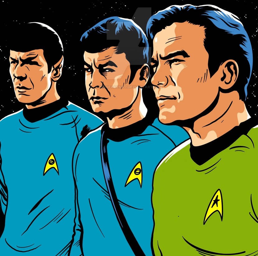 Three Star Trek officers in blue and gold uniforms standing together, illustrated comic book style