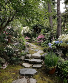 Stone stepping path winding through green garden with blooming flowers and trees
