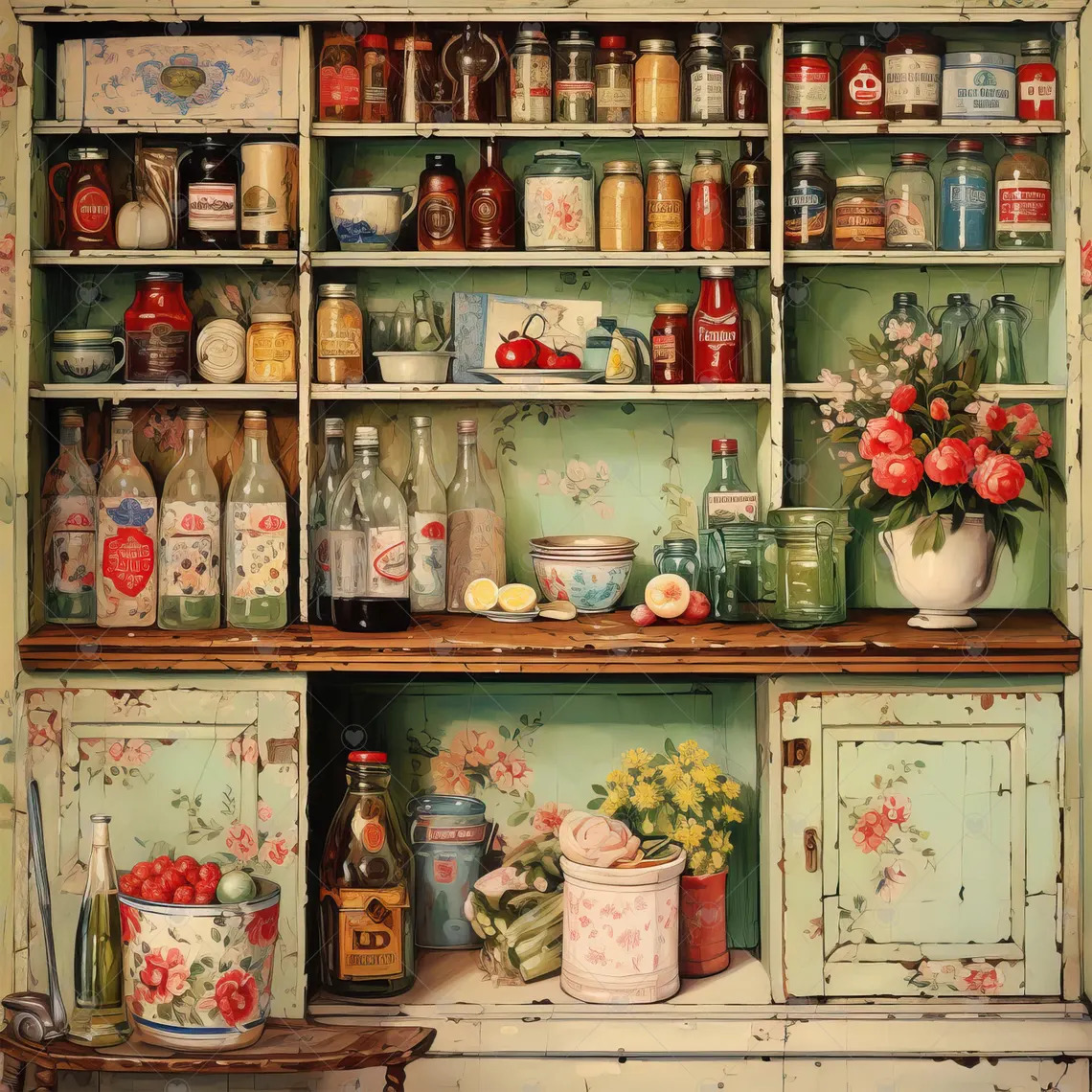 Vintage kitchen cabinet with shelves of colorful jars, bottles, tins, floral pitchers and vase of red roses