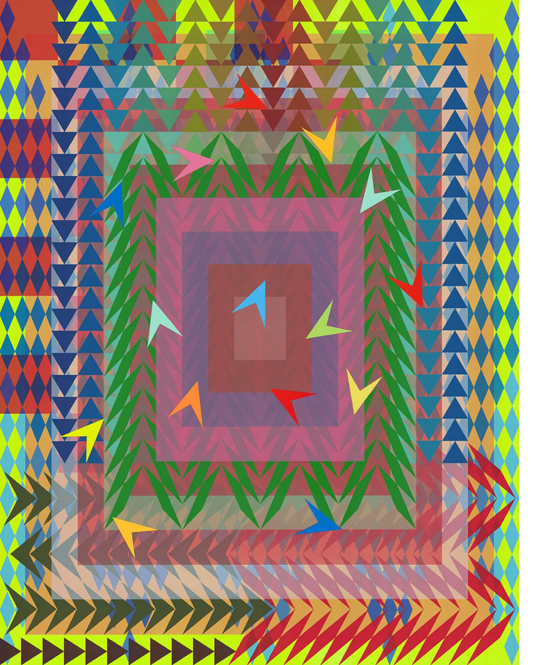 Colorful geometric artwork with bold patterns and text by Jeffrey Gibson