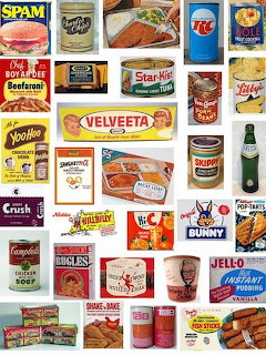 Grid collage of colorful vintage food brand packaging, cans, and product labels from various decades