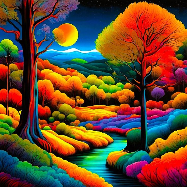 Colorful fantasy landscape with rainbow trees, layered hills, stream and moon