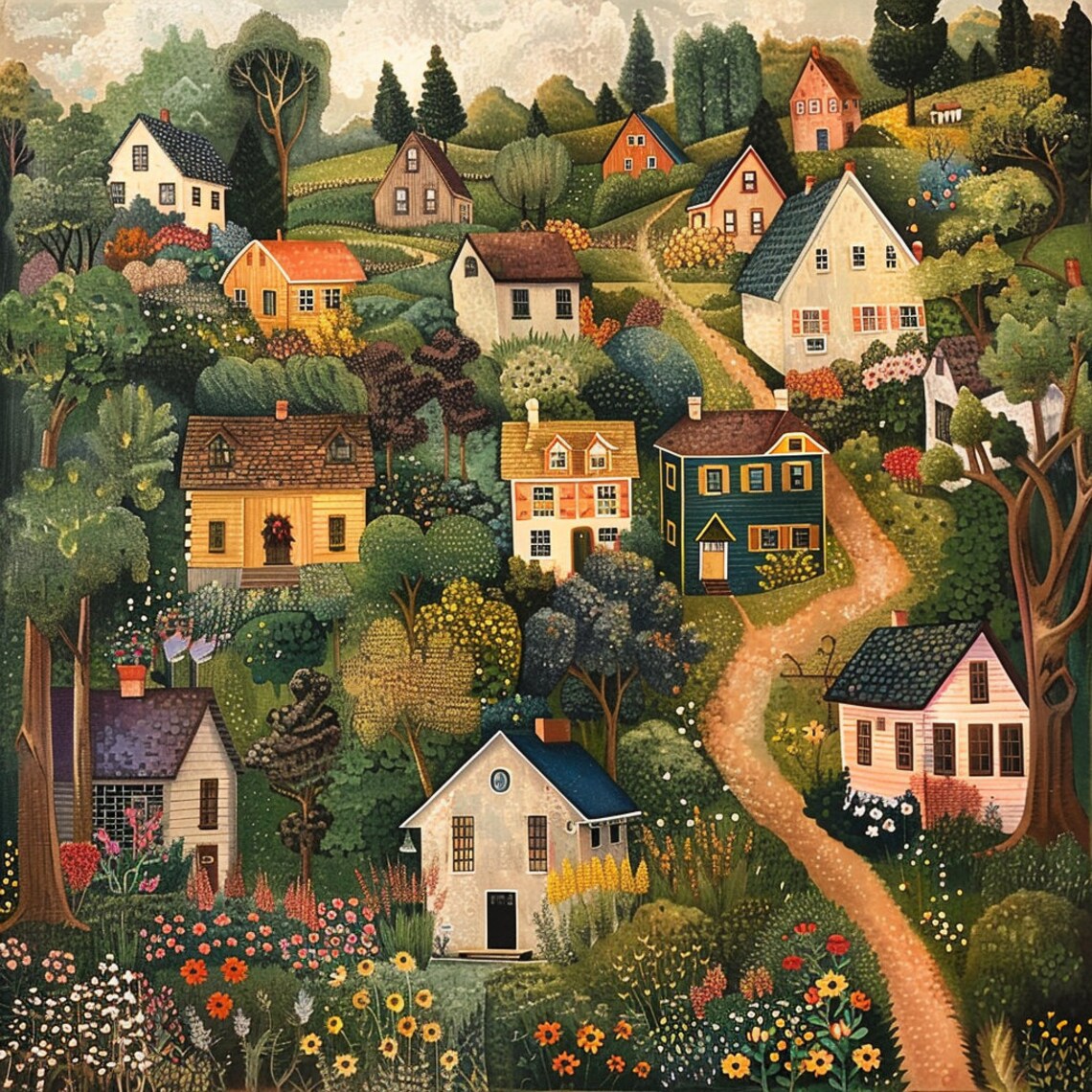 Whimsical Village Hillside Folk Art