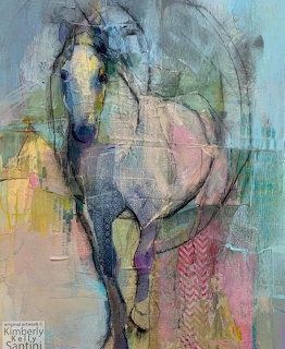 Abstract watercolor painting of a white horse in soft blues, pinks, and yellows with loose artistic brushwork