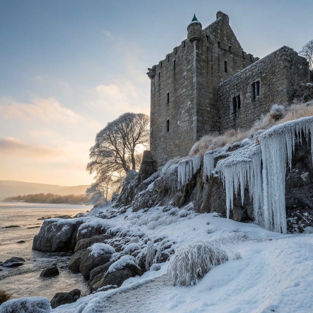 Stone castle beside an icy snowy shore at sunset