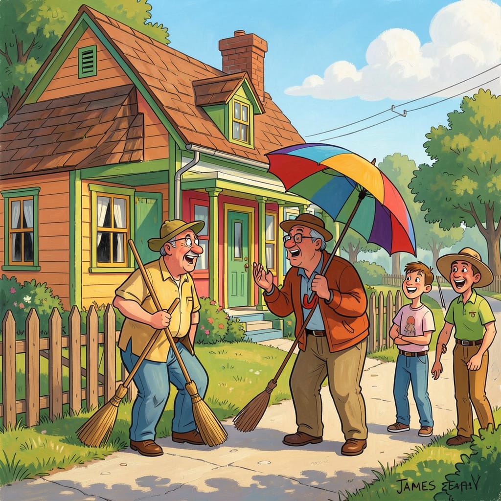 Cartoon neighbors shaking hands in front of yellow cottage on sunny day