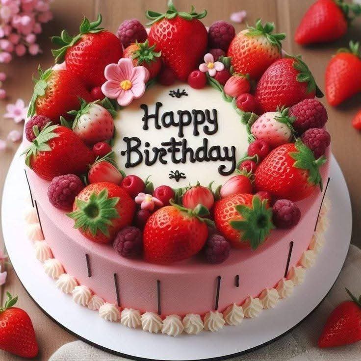 Round birthday cake topped with strawberries, raspberries, flowers, and Happy Birthday message on white frosting