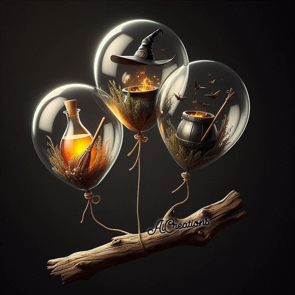 Three transparent balloons with Halloween objects above a wooden branch on a dark background