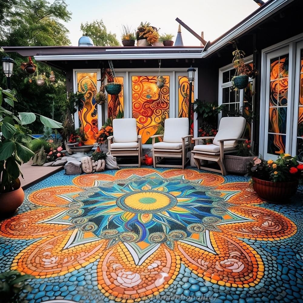 Colorful mosaic mandala on patio floor with lounge furniture and bohemian decor