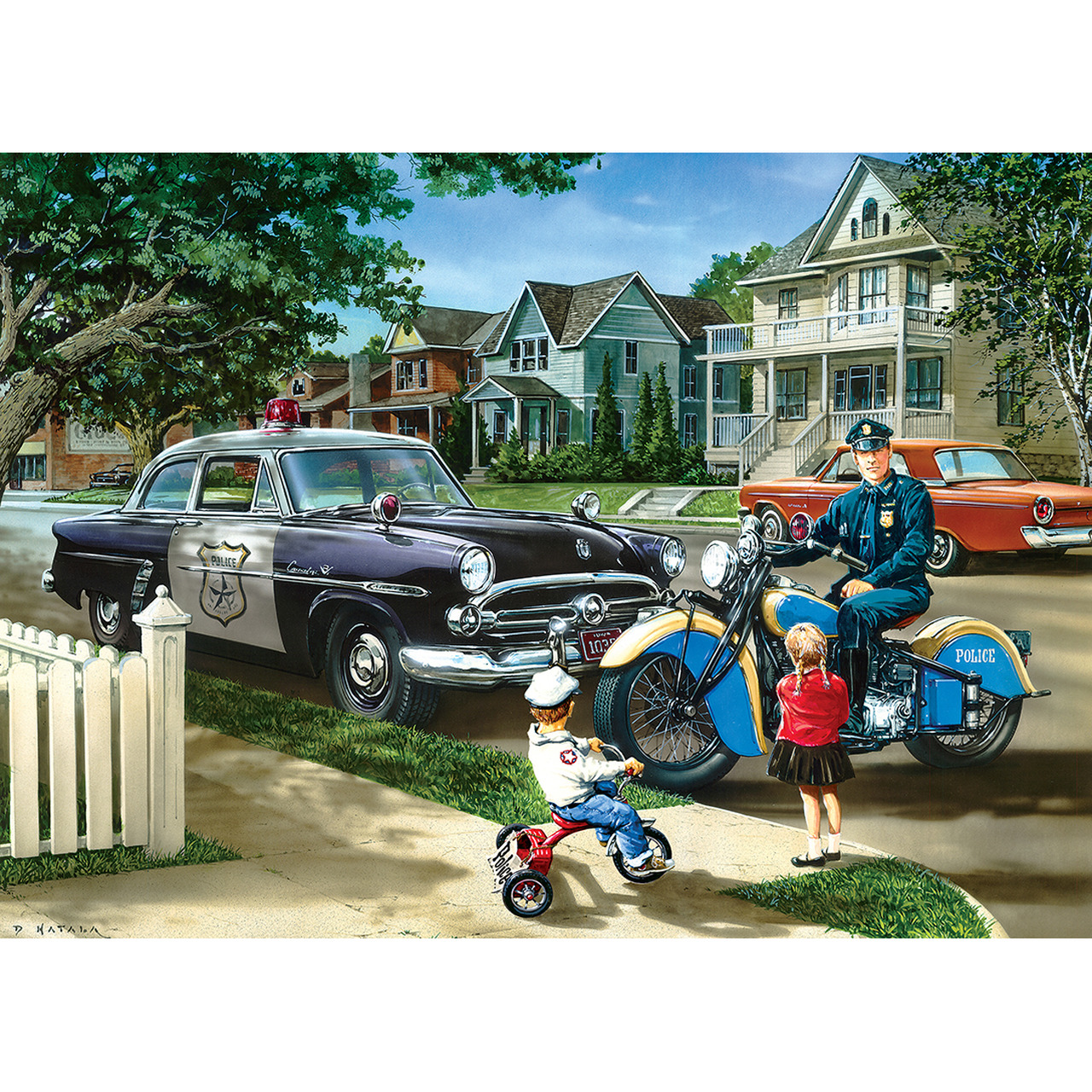 Illustration of a vintage police car and motorcycle on a suburban street with children and houses