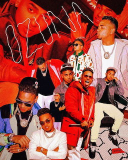 Collage of musician Ozuna in multiple poses with red overlay, wearing chains and sunglasses