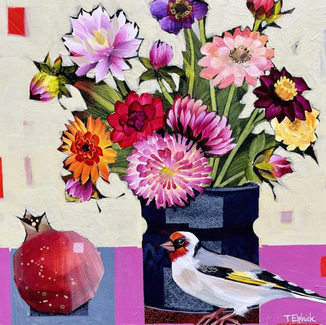 Still life painting with a goldfinch, colorful flowers, a blue box, and a red pomegranate