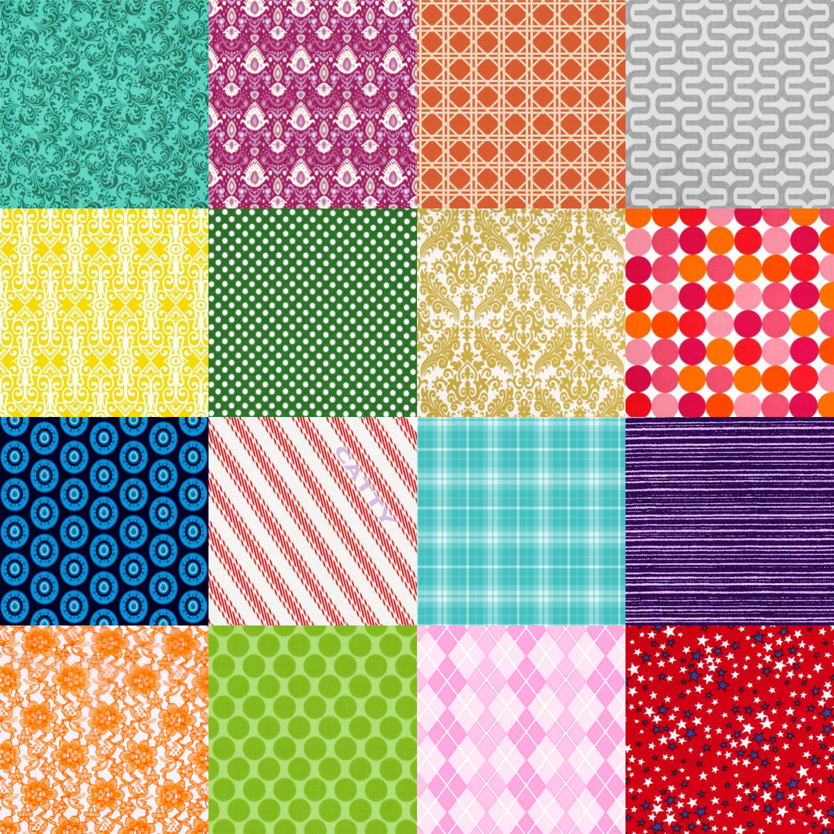 Colorful patchwork grid with 16 different pattern squares in various colors and designs
