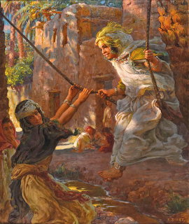 Oil painting of two figures playing on a rope swing in a sunlit Middle Eastern village scene