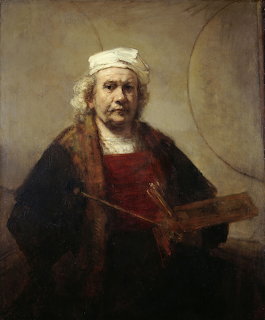 Rembrandt self-portrait painting with white cap, red garment, palette and brushes, two circles behind