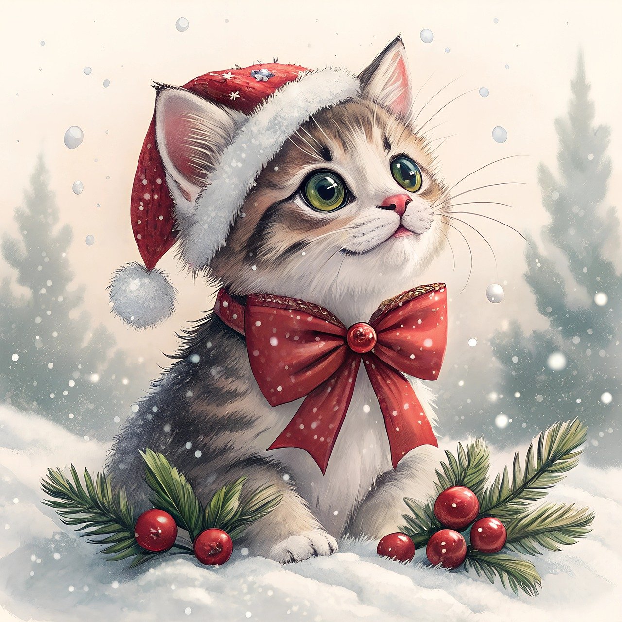 Cute tabby kitten in Santa hat with red bow tie and Christmas decorations