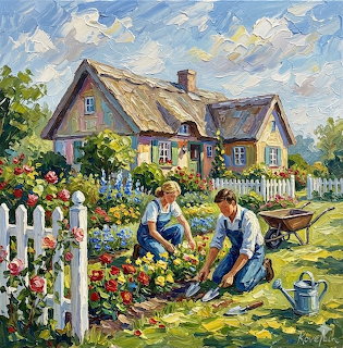 Two gardeners working in a vibrant flower garden beside a cottage with thatched roof and white picket fence
