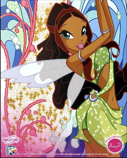 Winx Club fairy Aisha in green dress with wings against decorative floral backdrop