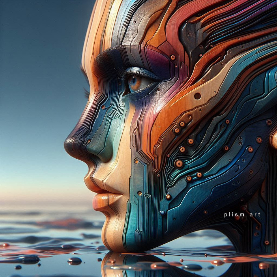 Surreal side profile of a futuristic woman with circuit-like details above calm water