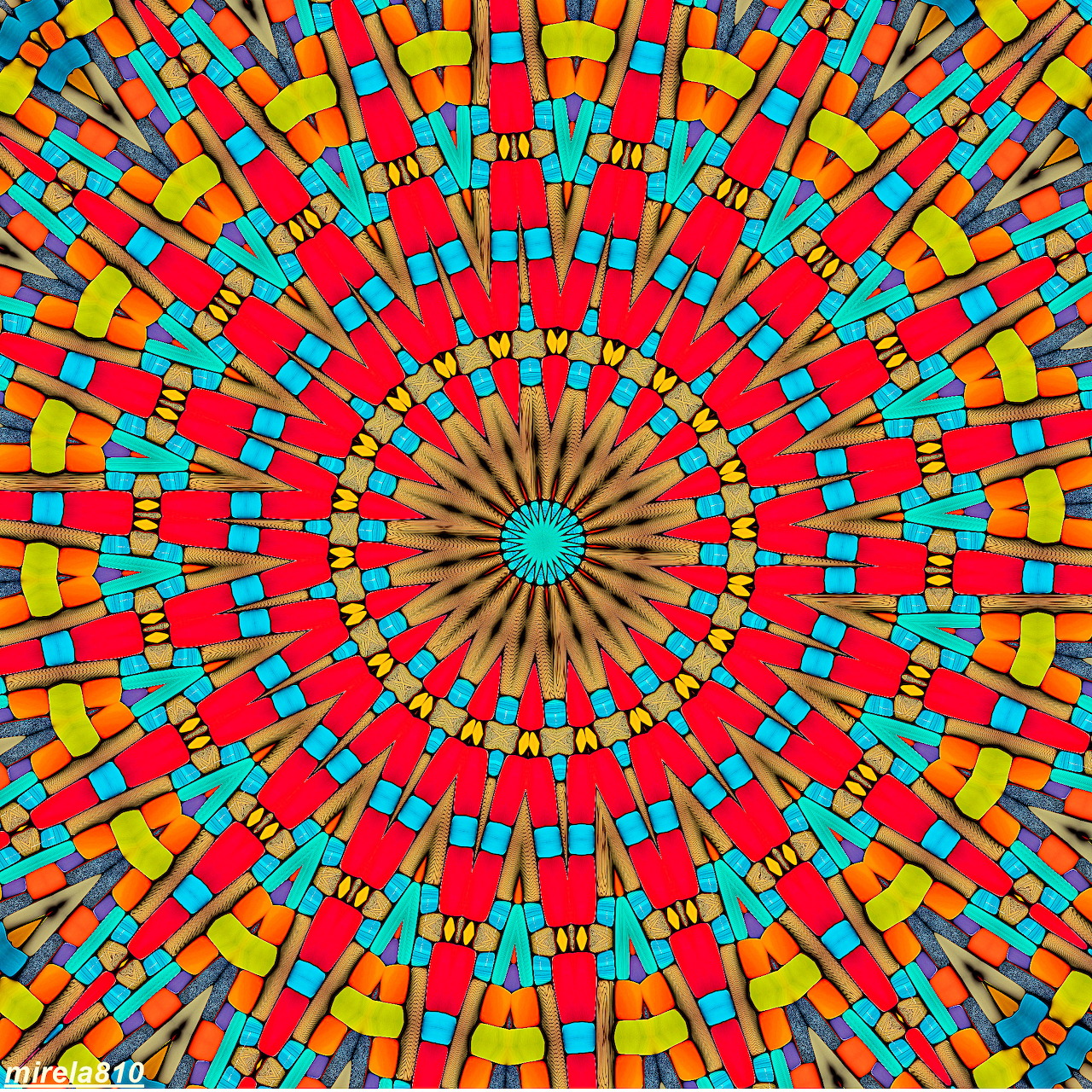 Colorful geometric mandala with radial pattern in red, yellow, turquoise and orange