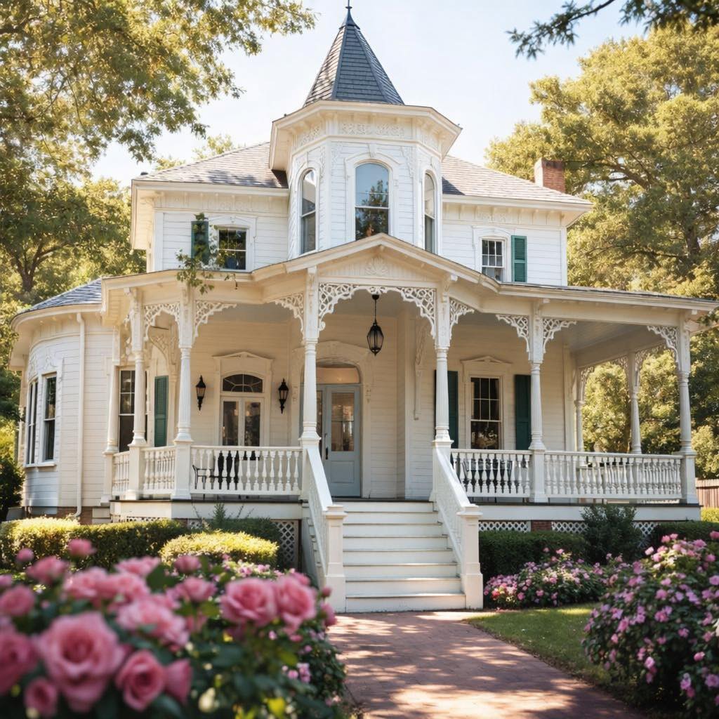 Cream Victorian house with turret and wraparound porch in garden setting