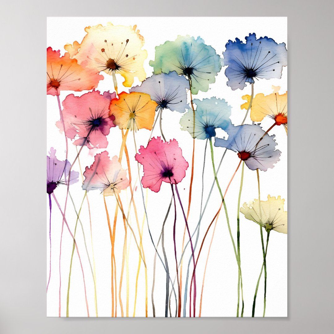 Watercolor painting of colorful flowers with translucent petals on thin stems