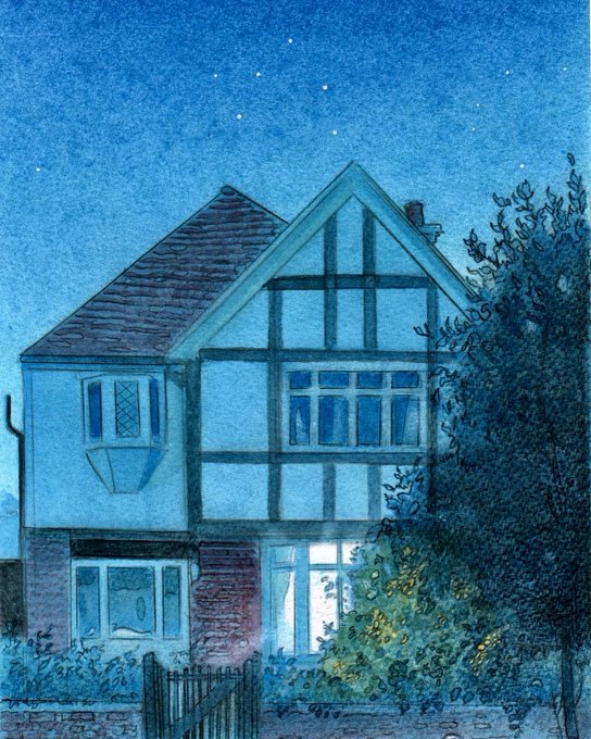 Watercolour painting of a Tudor-style house lit from within under a dark blue night sky with stars