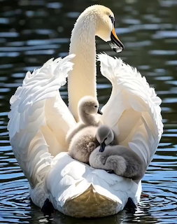 White swan with fluffy gray cygnets nestled on its back swimming on dark water