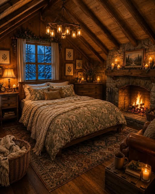 Cozy rustic cabin bedroom with a bed, fireplace, candles, and a window