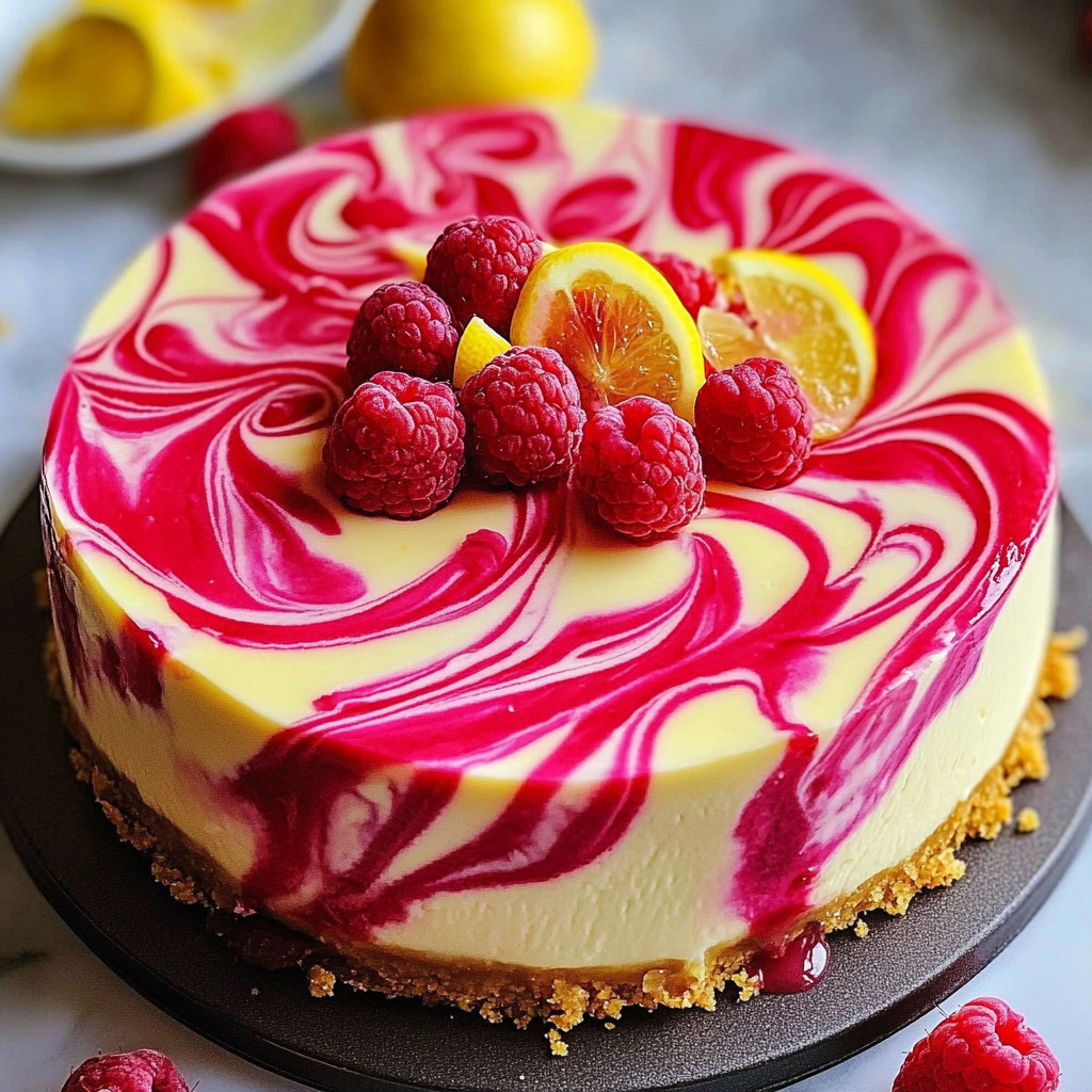 Round cheesecake with pink and yellow swirl pattern, topped with raspberries and lemon slices