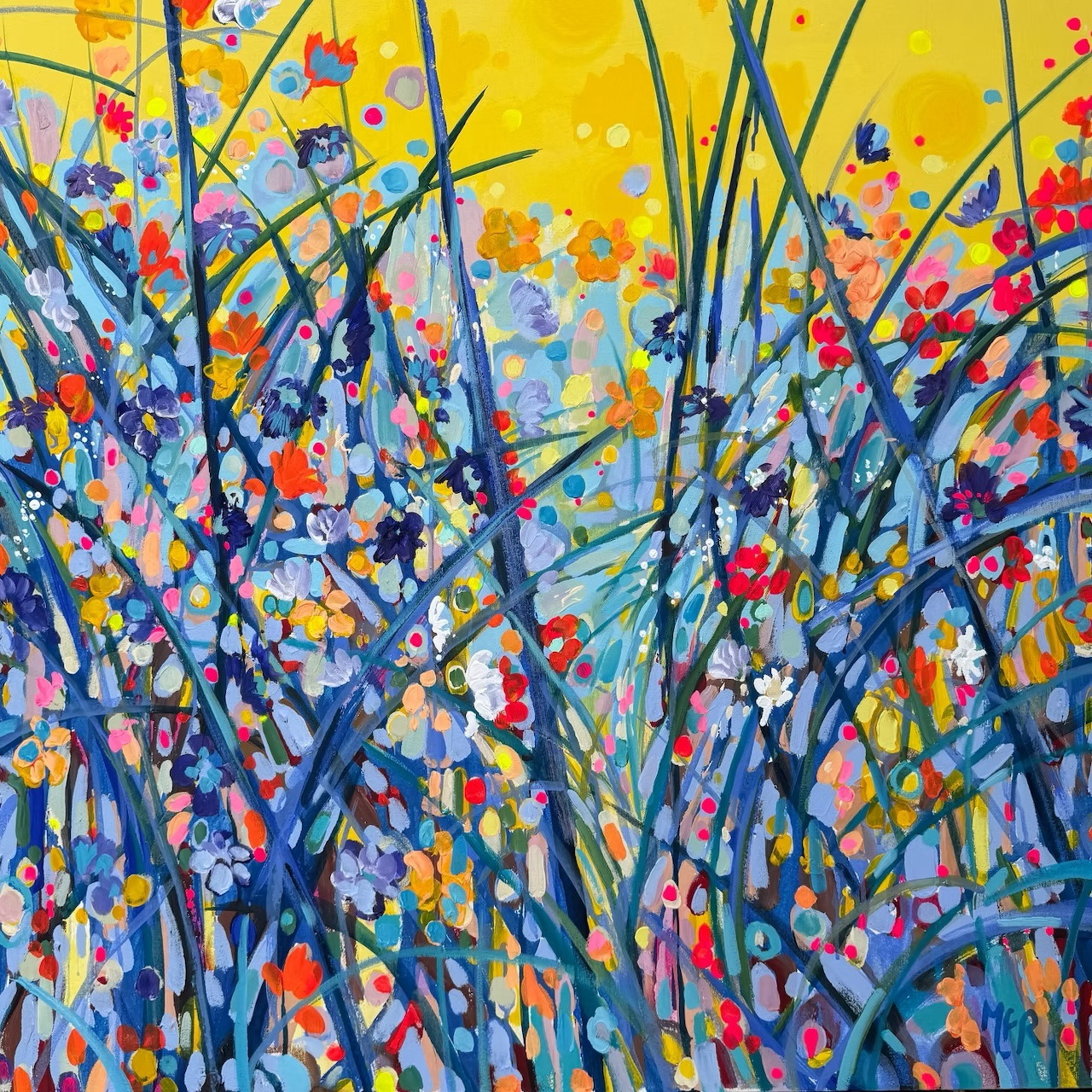 Abstract painting of colorful wildflowers with yellow background and blue stems in impressionist style