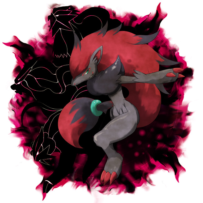 Zoroark Pokémon character with red fur and gray limbs surrounded by dark flames
