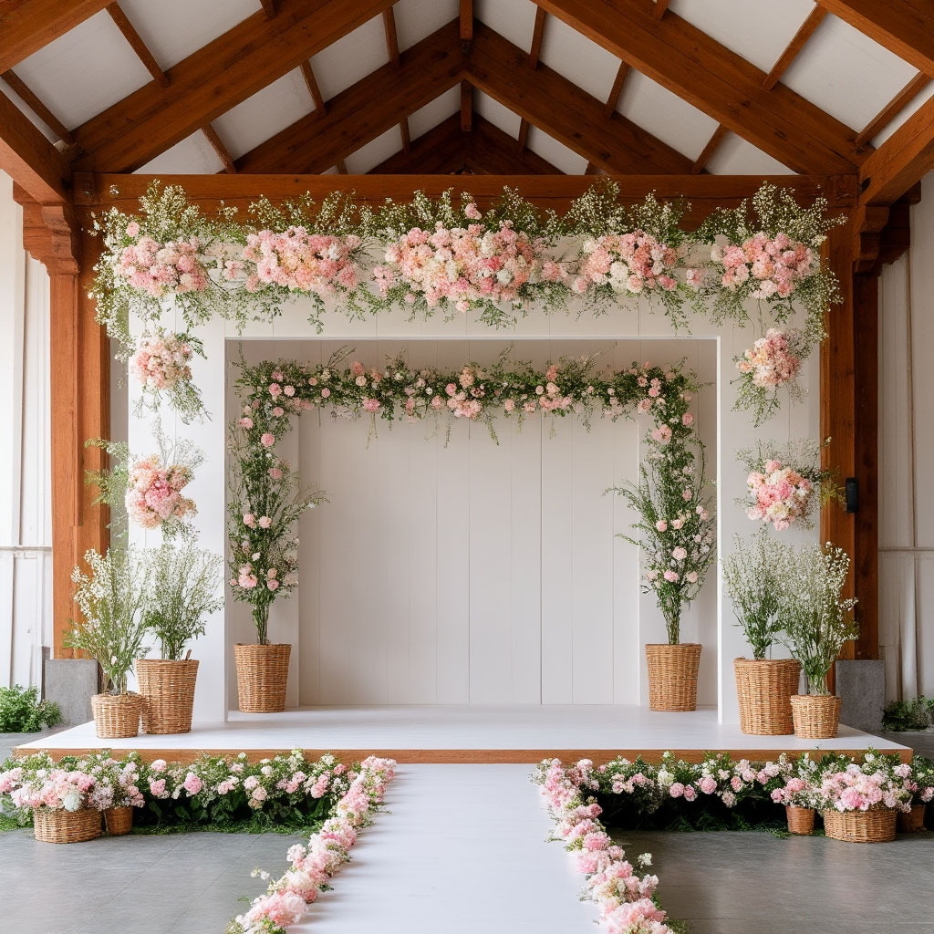 Indoor wedding stage with pink floral arch and petal aisle under wooden beamed ceiling