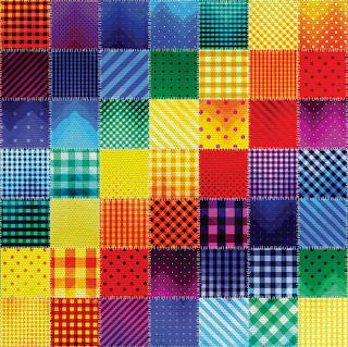 Colorful patchwork grid of fabric squares with plaid, stripes, dots, and checks