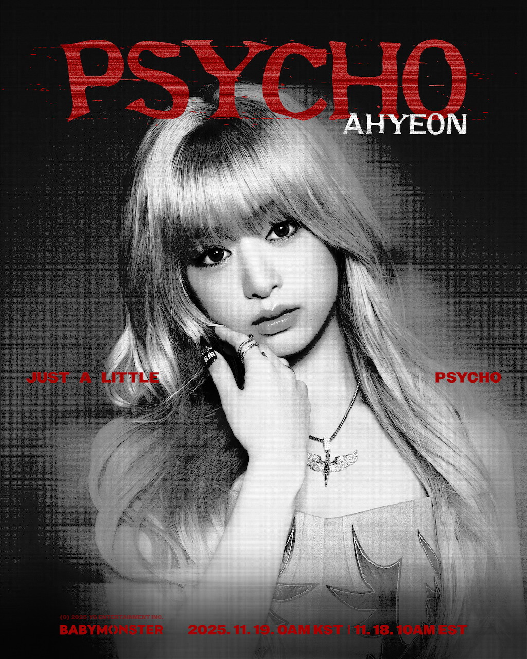 Black and white portrait of Ahyeon from Babymonster with red Psycho text overlay on dark background