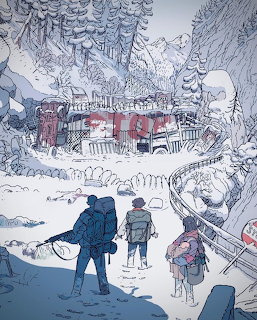 Illustrated snowy mountain scene with people near a red train and pine trees