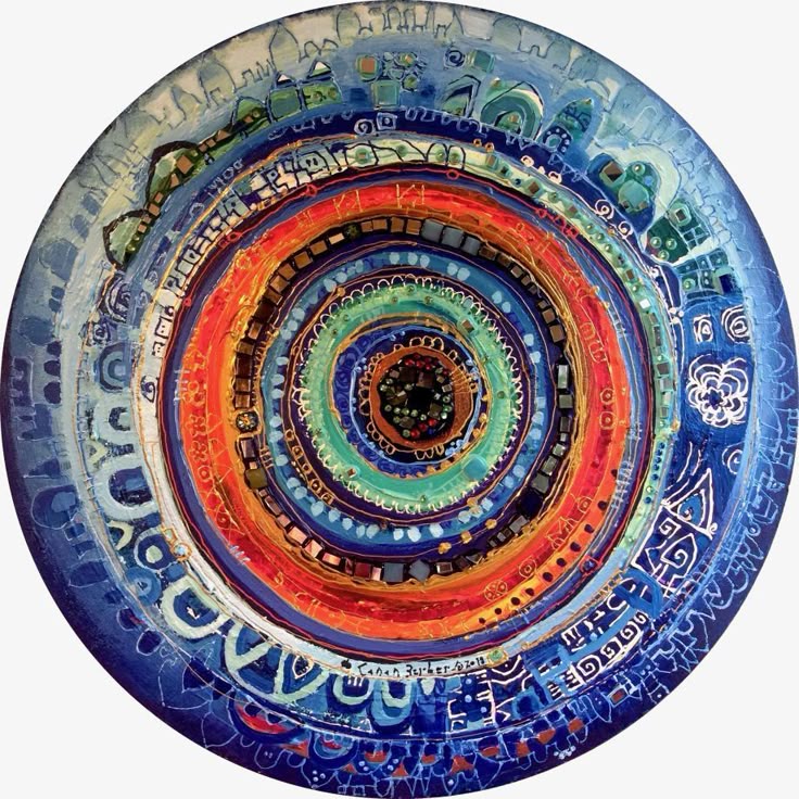 Circular mandala with colorful concentric rings and intricate patterns in blue, orange, and green