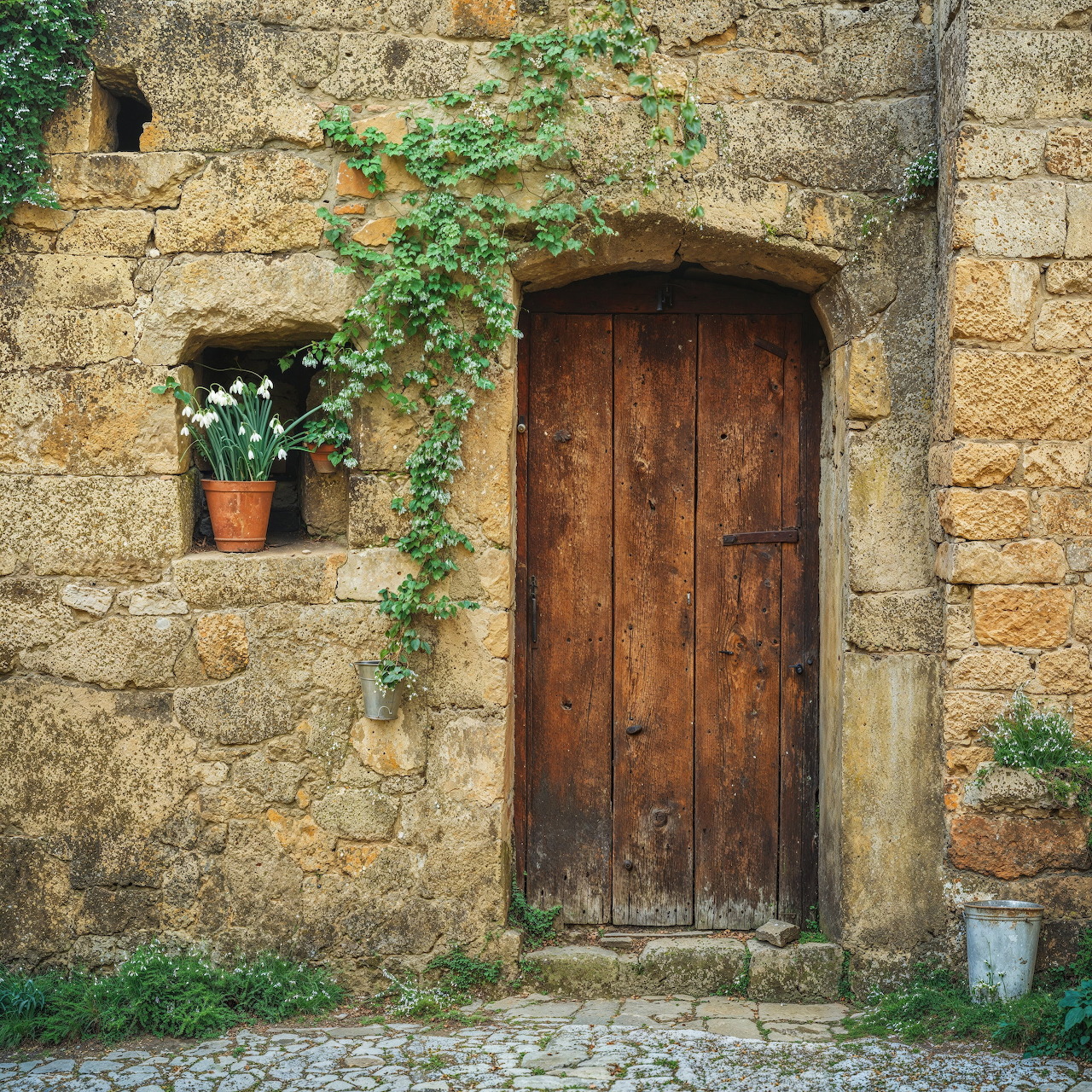 Old wooden door in stone wall with ivy and white flowers in pot